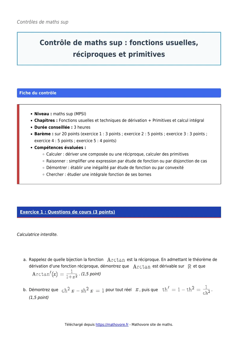 Contrôle de maths en maths sup : Fonctions usuelles, réciproques et primitives corrigé en PDF