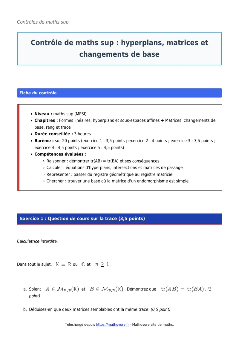 Contrôle de maths en maths sup : Hyperplans, matrices et changements de base corrigé en PDF