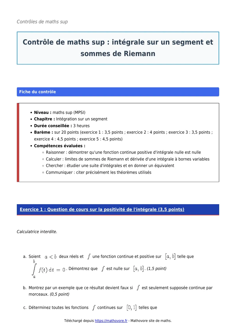 Contrôle de maths en maths sup : Intégrale sur un segment et sommes de Riemann corrigé en PDF