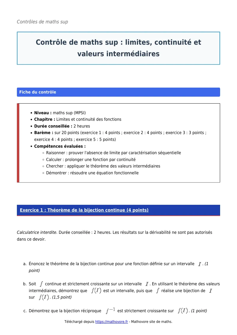 Contrôle de maths en maths sup : Limites, continuité et valeurs intermédiaires corrigé en PDF