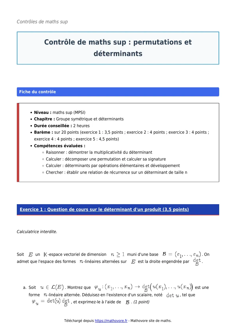 Contrôle de maths en maths sup : Permutations et déterminants corrigé en PDF