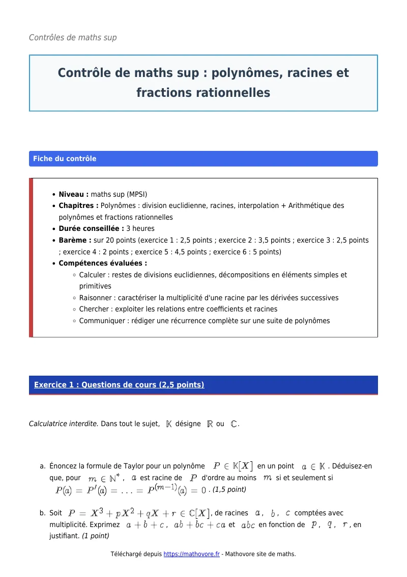 Contrôle de maths en maths sup : Polynômes, racines et fractions rationnelles corrigé en PDF