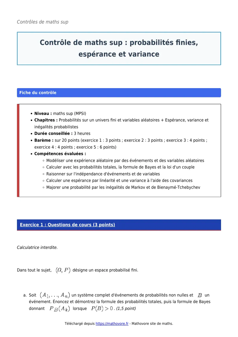 Contrôle de maths en maths sup : Probabilités finies, espérance et variance corrigé en PDF
