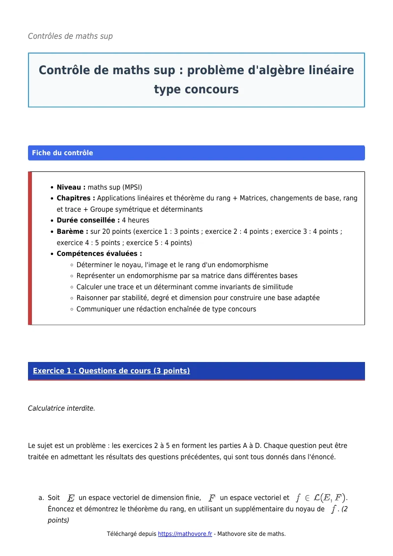 Contrôle de maths en maths sup : Problème d’algèbre linéaire type con corrigé en PDF