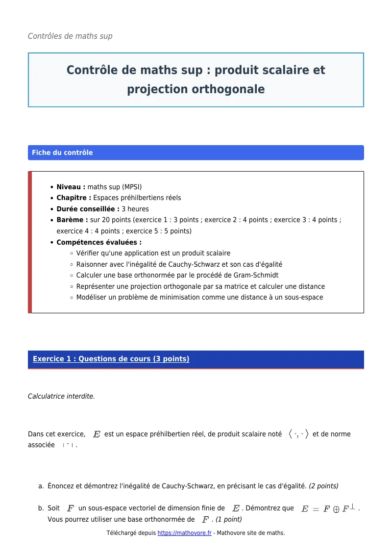 Contrôle de maths en maths sup : Produit scalaire et projection orthogonale corrigé en PDF
