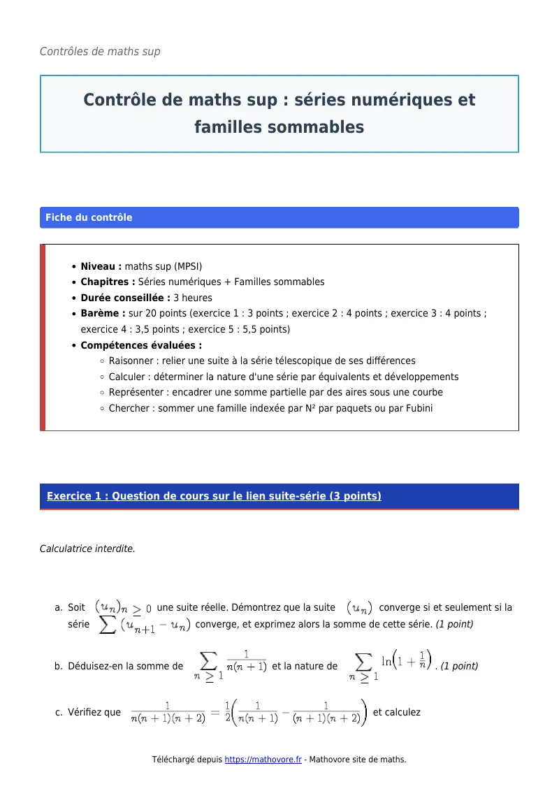 Contrôle de maths en maths sup : Séries numériques et familles sommables corrigé en PDF