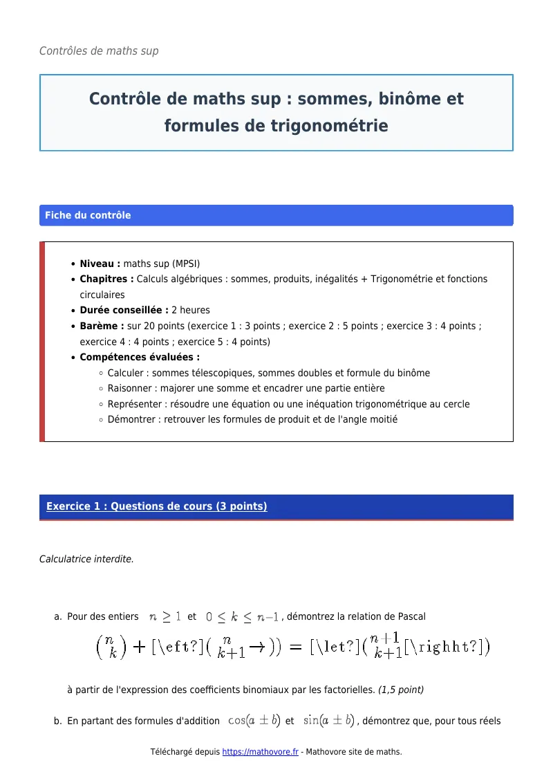 Contrôle de maths en maths sup : Sommes, binôme et formules de trigonométrie corrigé en PDF