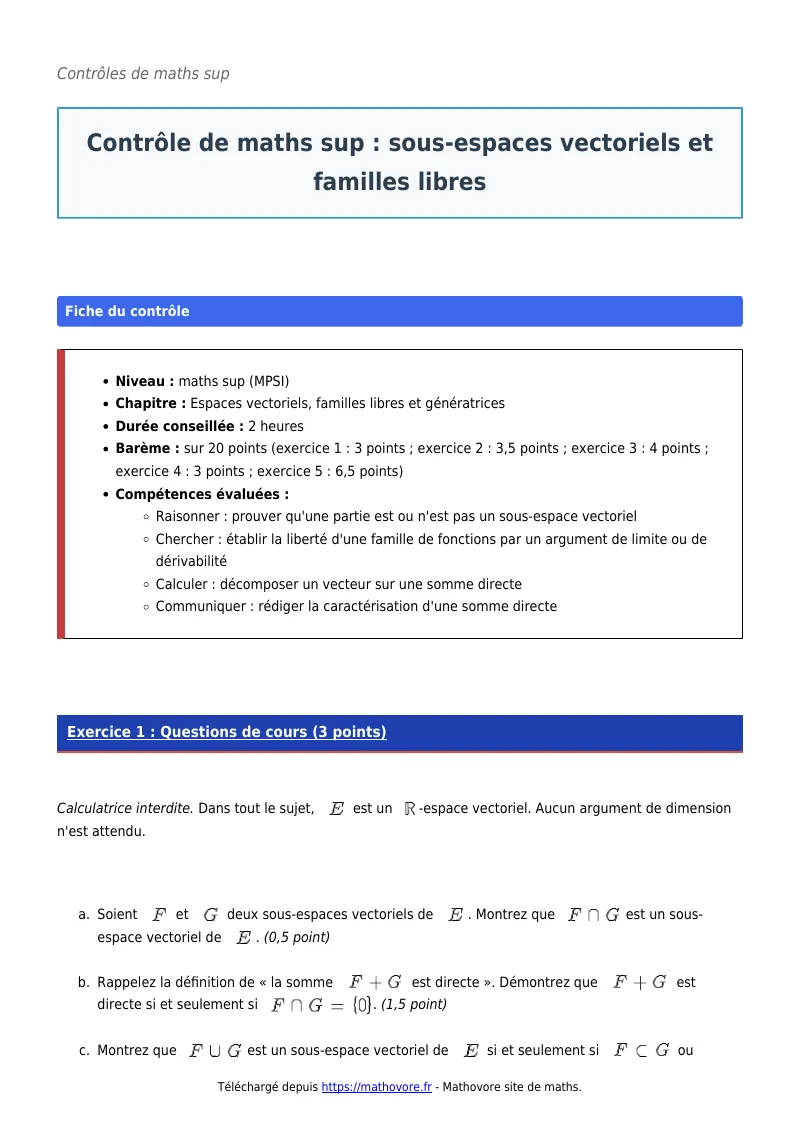 Contrôle de maths en maths sup : Sous-espaces vectoriels et familles libres corrigé en PDF