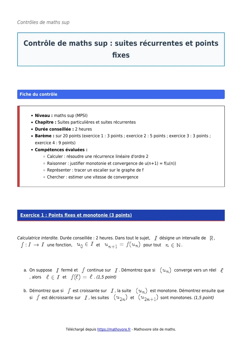 Contrôle de maths en maths sup : Suites récurrentes et points fixes corrigé en PDF