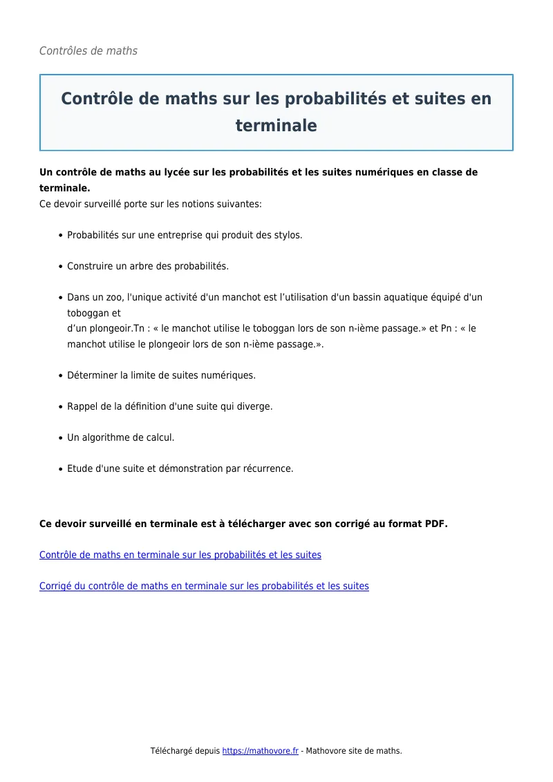 Contrôle de maths en terminale : Contrôle sur les probabilités et suites corrigé en PDF