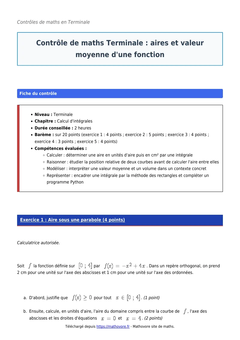Contrôle de maths en terminale : Aires et valeur moyenne d’une fonction corrigé en PDF