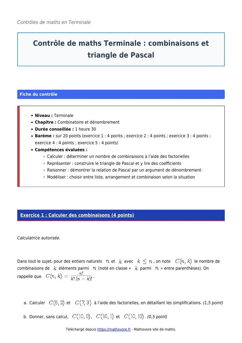 Contrôle de maths en terminale : Combinaisons et triangle de Pascal corrigé en PDF