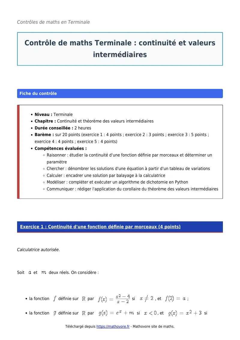 Contrôle de maths en terminale : Continuité et valeurs intermédiaires corrigé en PDF