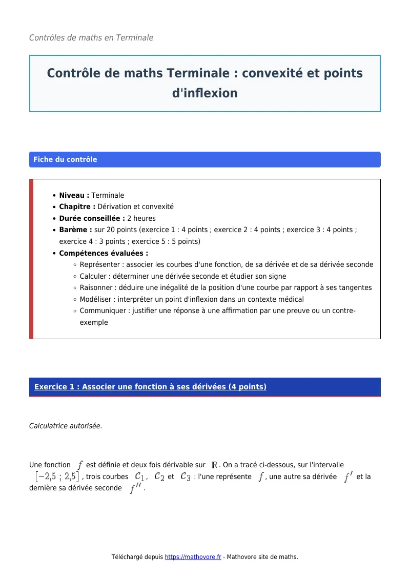 Contrôle de maths en terminale : Convexité et points d’inflexion corrigé en PDF