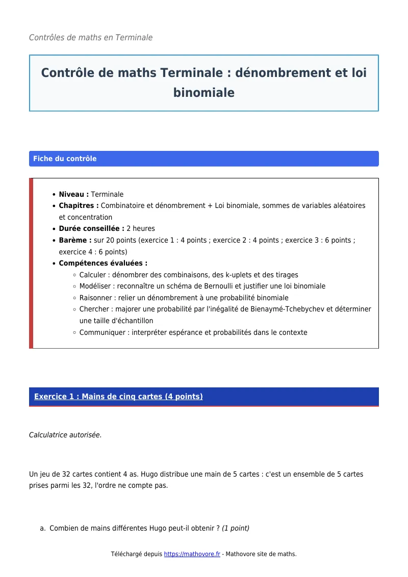 Contrôle de maths en terminale : Dénombrement et loi binomiale corrigé en PDF