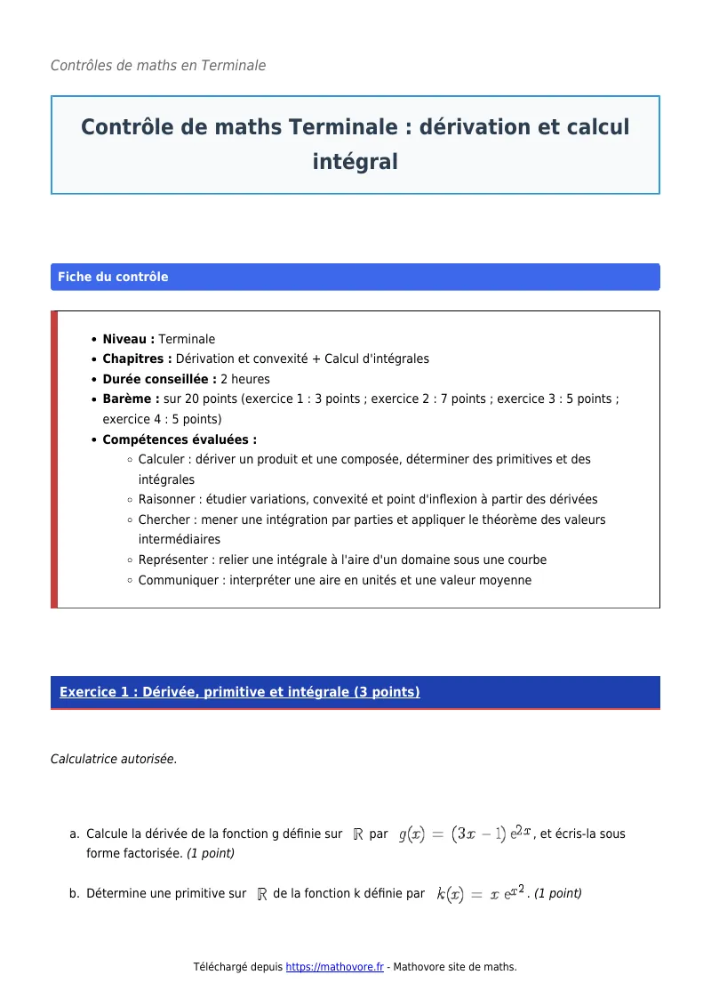 Contrôle de maths en terminale : Dérivation et calcul intégral corrigé en PDF