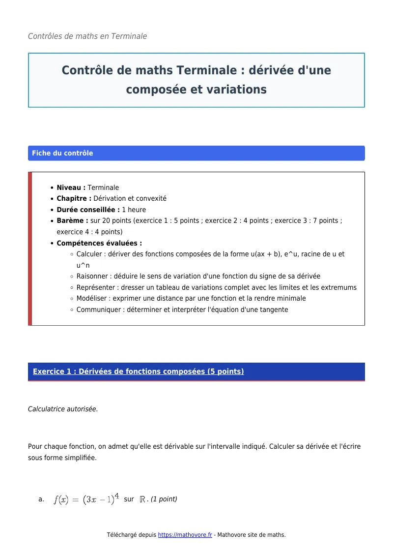 Contrôle de maths en terminale : Dérivée d’une composée et variations corrigé en PDF