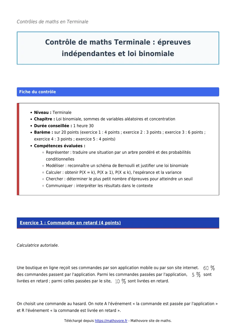 Contrôle de maths en terminale : Épreuves indépendantes et loi binomiale corrigé en PDF