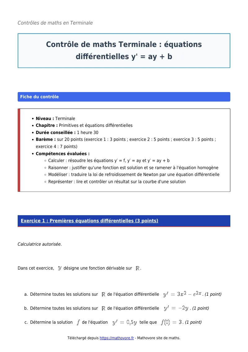 Contrôle de maths en terminale : Équations différentielles y’ = ay + b corrigé en PDF