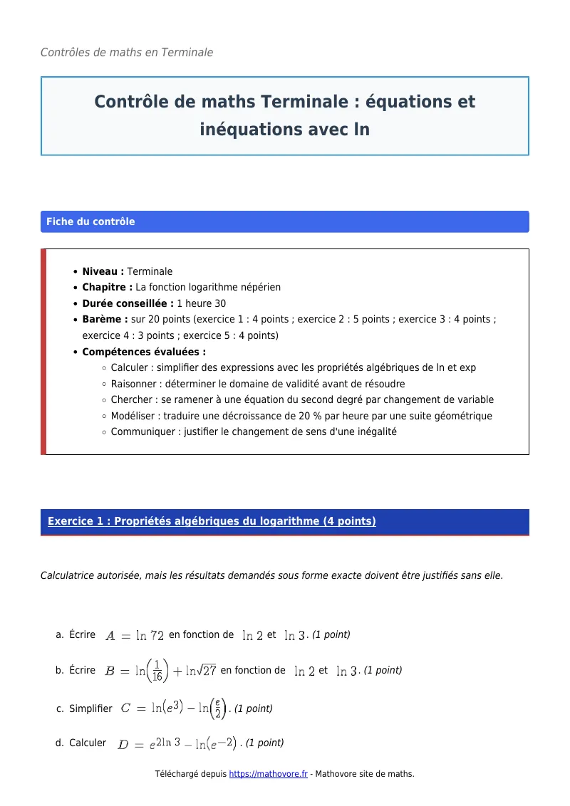 Contrôle de maths en terminale : Équations et inéquations avec ln corrigé en PDF