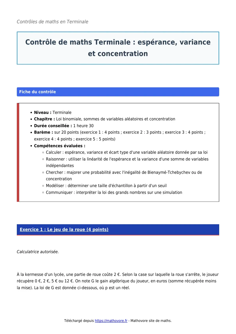 Contrôle de maths en terminale : Espérance, variance et concentration corrigé en PDF