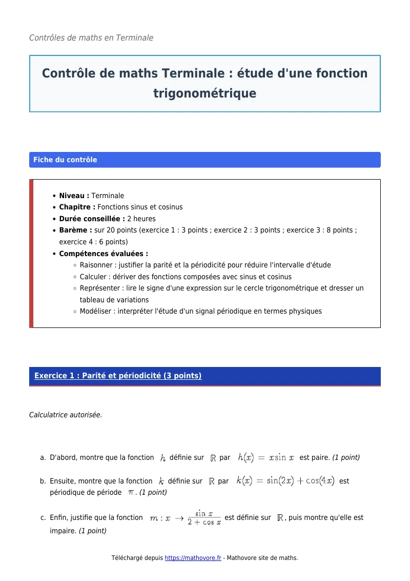 Contrôle de maths en terminale : Étude d’une fonction trigonométrique corrigé en PDF