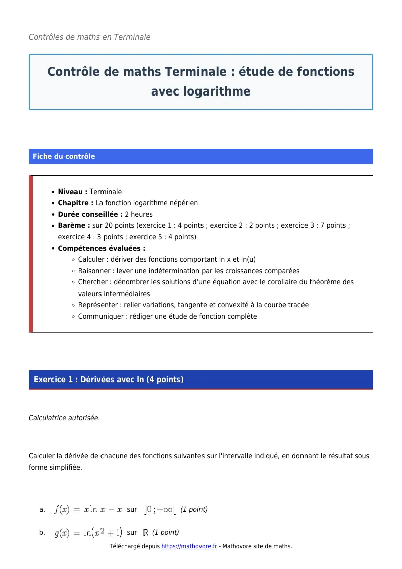 Contrôle de maths en terminale : Étude de fonctions avec logarithme corrigé en PDF