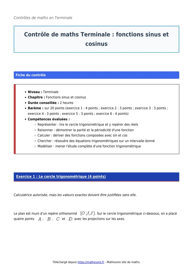 Contrôle de maths en terminale : Fonctions sinus et cosinus corrigé en PDF