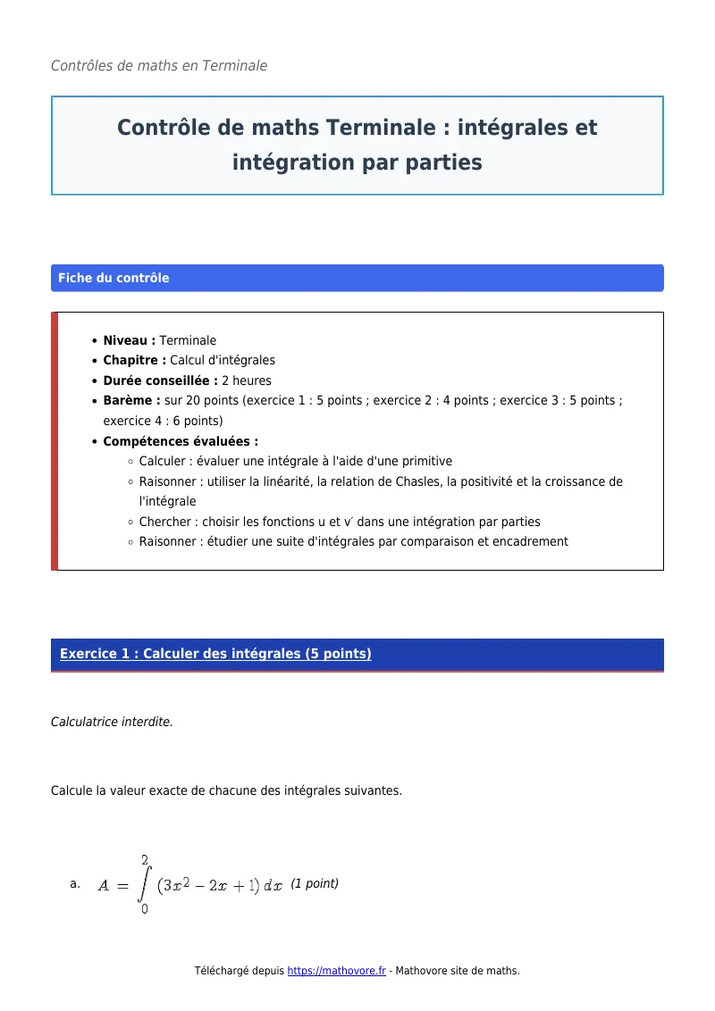 Contrôle de maths en terminale : Intégrales et intégration par parties corrigé en PDF