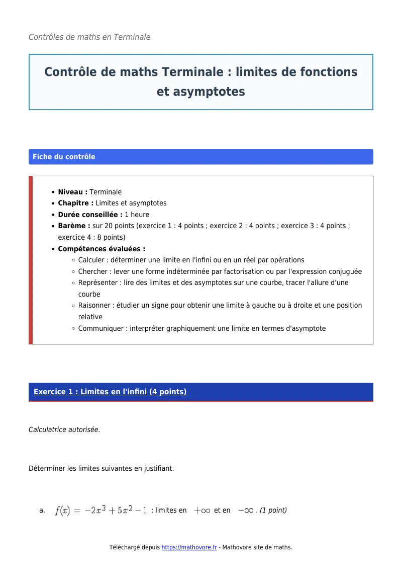 Contrôle de maths en terminale : Limites de fonctions et asymptotes corrigé en PDF