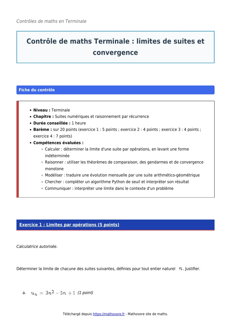 Contrôle de maths en terminale : Limites de suites et convergence corrigé en PDF
