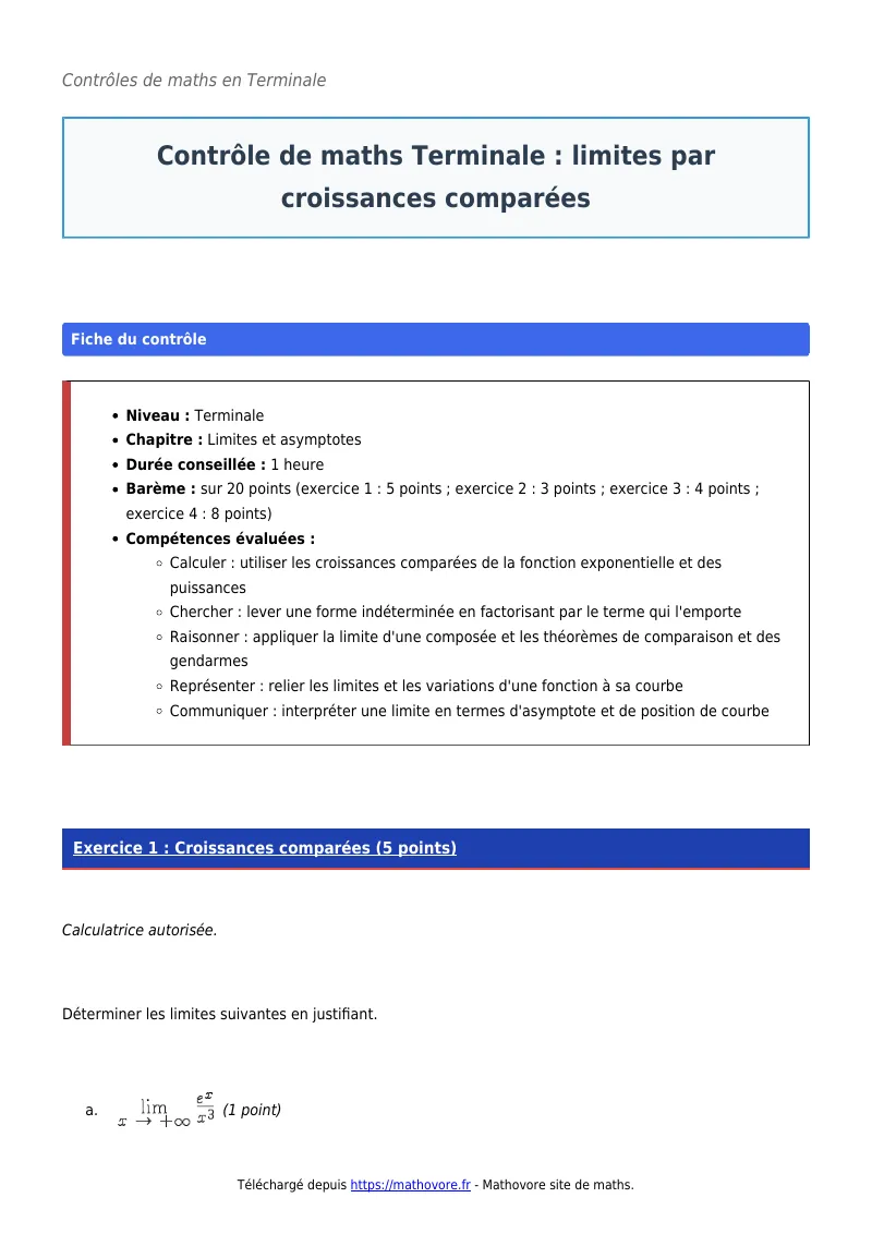 Contrôle de maths en terminale : Limites par croissances comparées corrigé en PDF