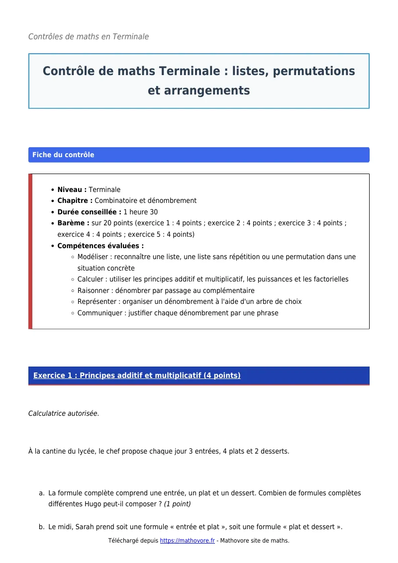 Contrôle de maths en terminale : Listes, permutations et arrangements corrigé en PDF