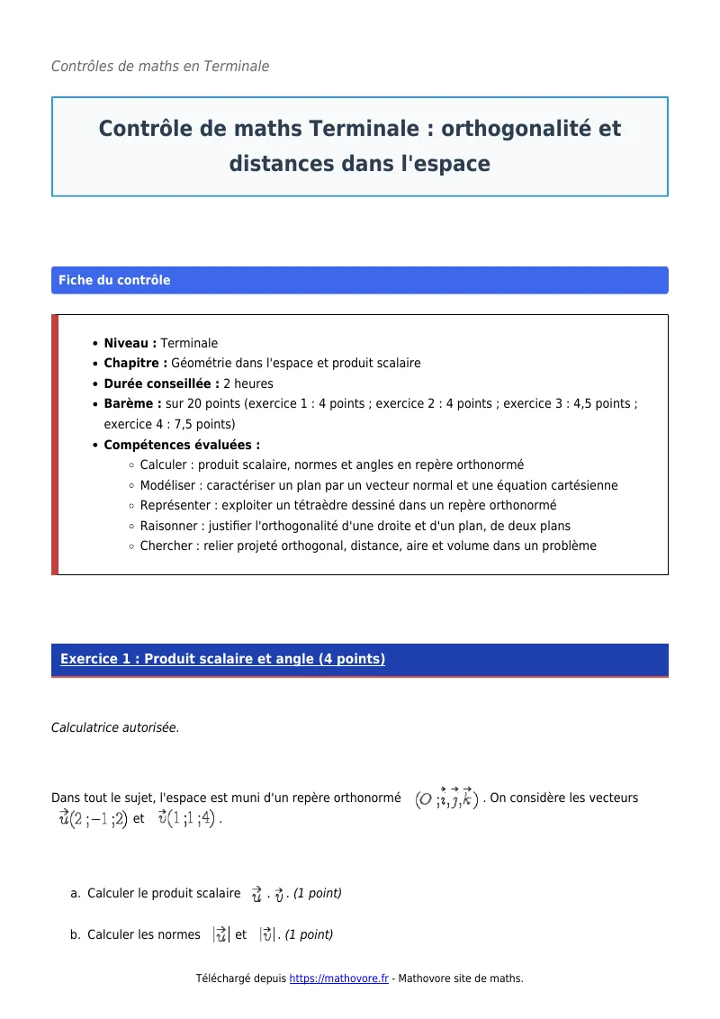 Contrôle de maths en terminale : Orthogonalité et distances dans l’espace corrigé en PDF
