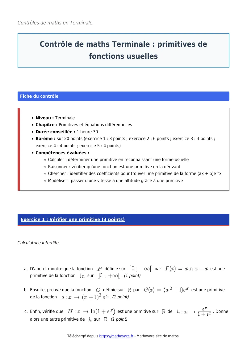 Contrôle de maths en terminale : Primitives de fonctions usuelles corrigé en PDF