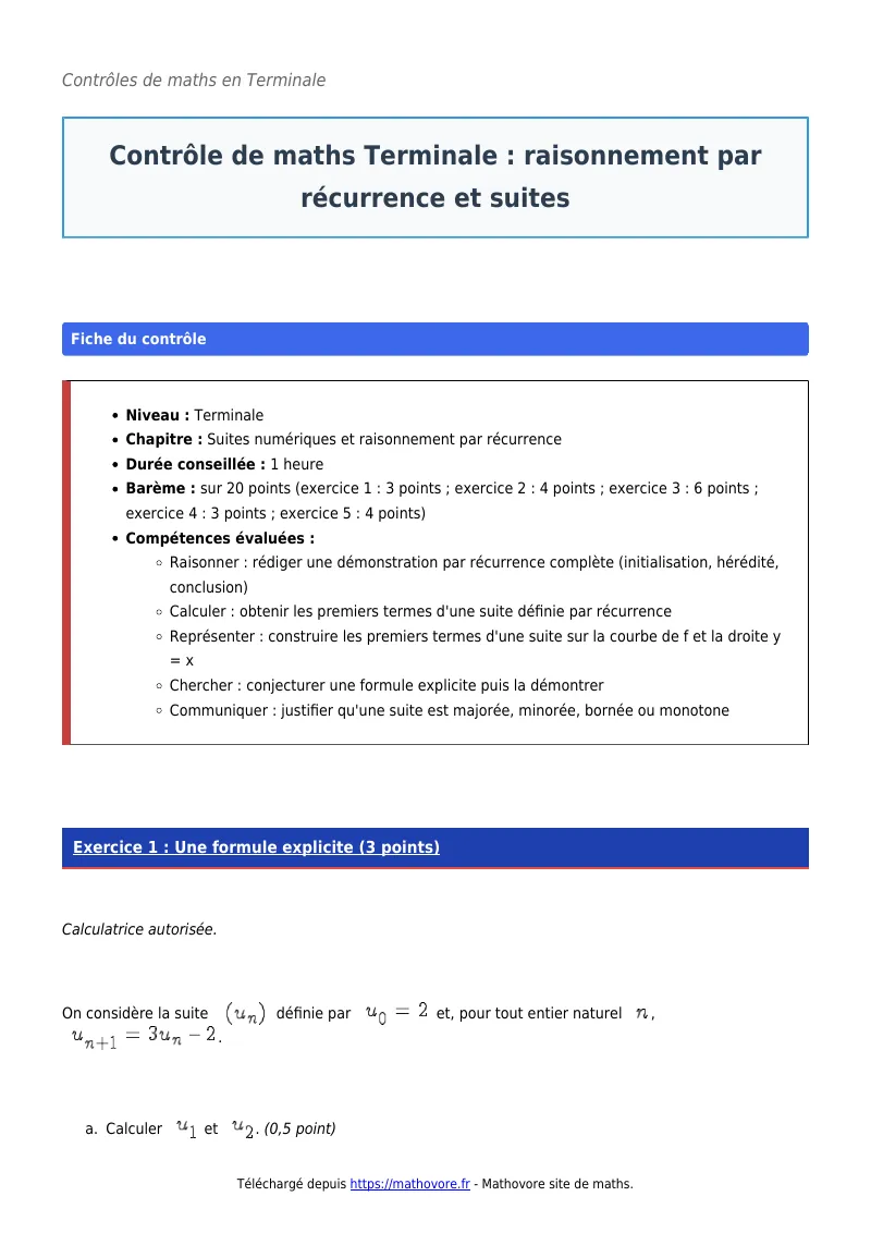 Contrôle de maths en terminale : Raisonnement par récurrence et suites corrigé en PDF