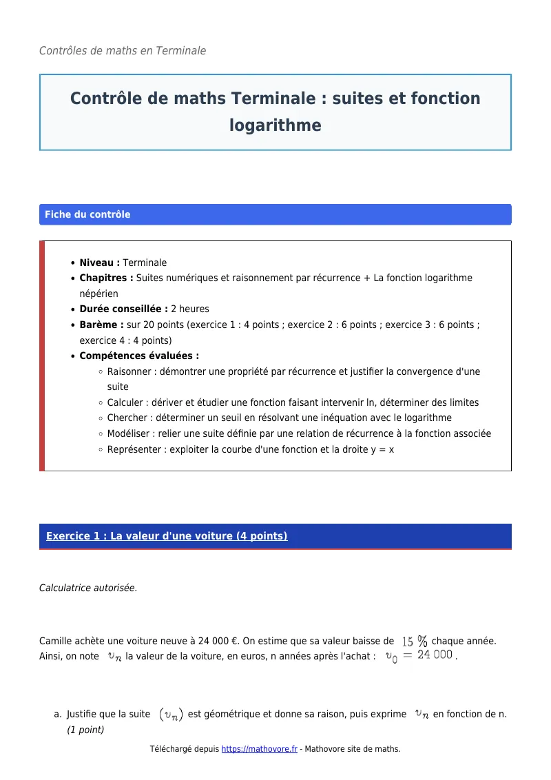 Contrôle de maths en terminale : Suites et fonction logarithme corrigé en PDF