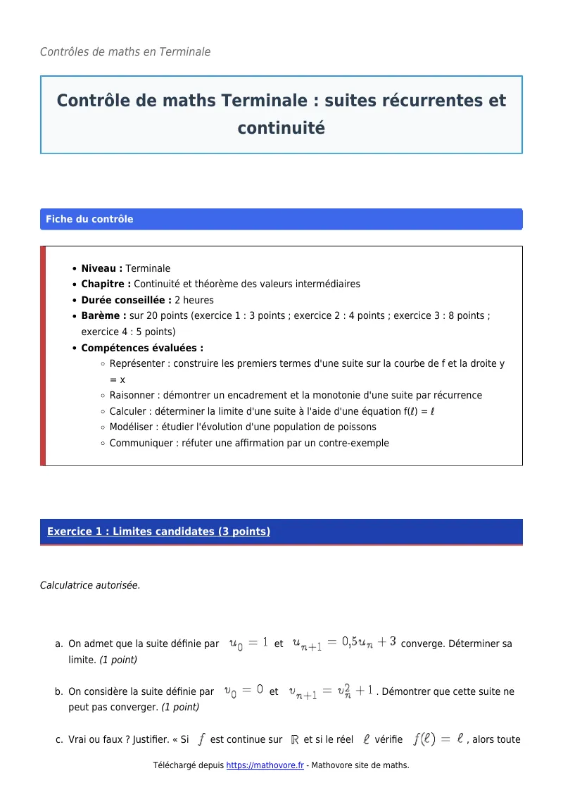 Contrôle de maths en terminale : Suites récurrentes et continuité corrigé en PDF