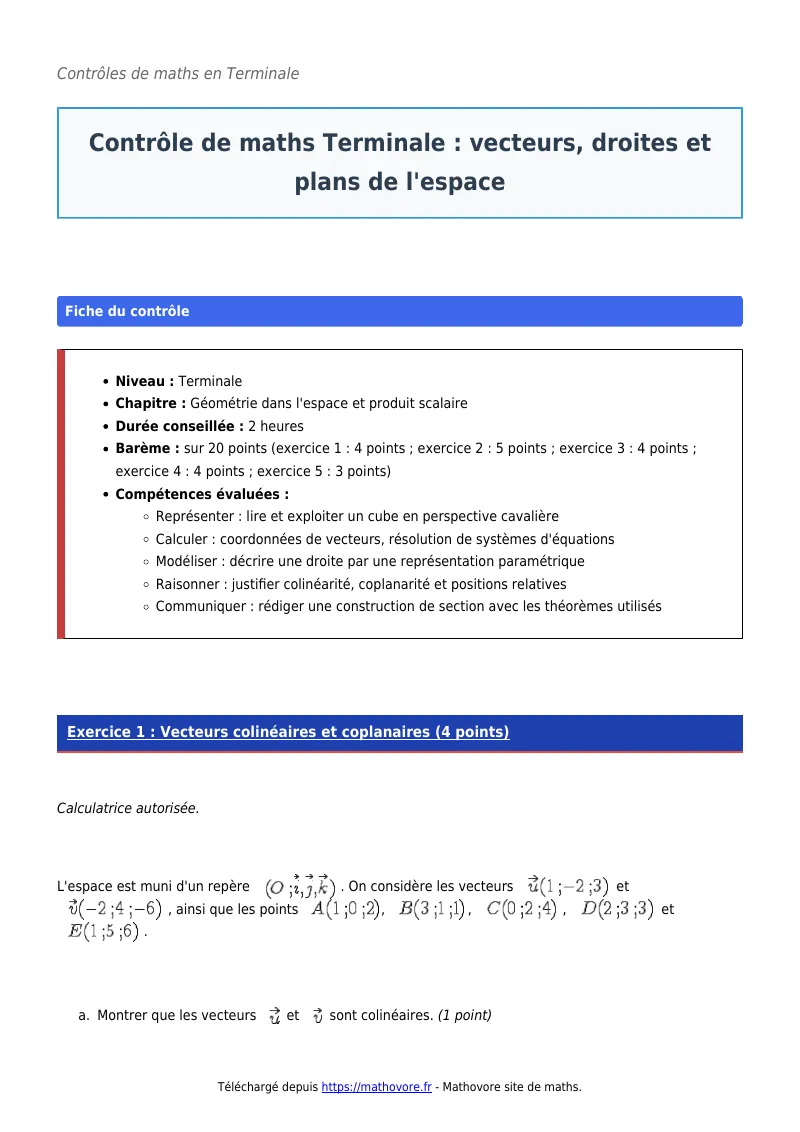 Contrôle de maths en terminale : Vecteurs, droites et plans de l’espace corrigé en PDF
