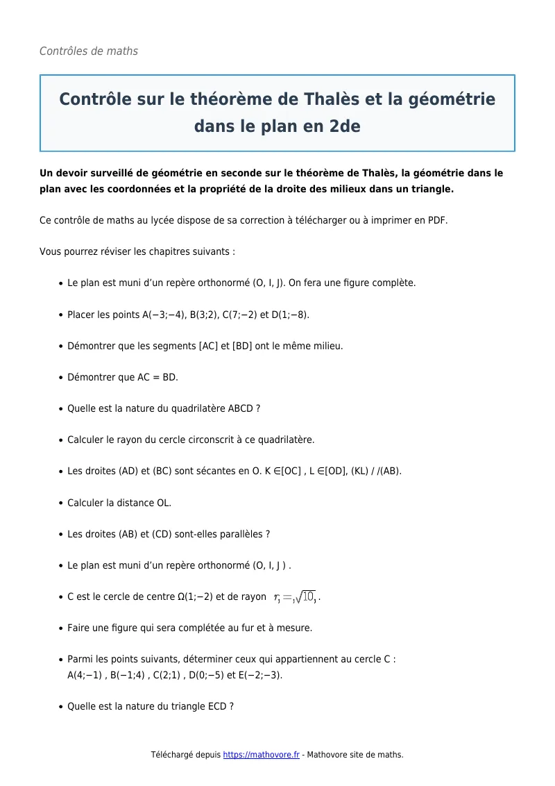 Contrôle de maths en seconde : Contrôle sur le théorème de Thalès et la géométrie dans le plan corrigé en PDF