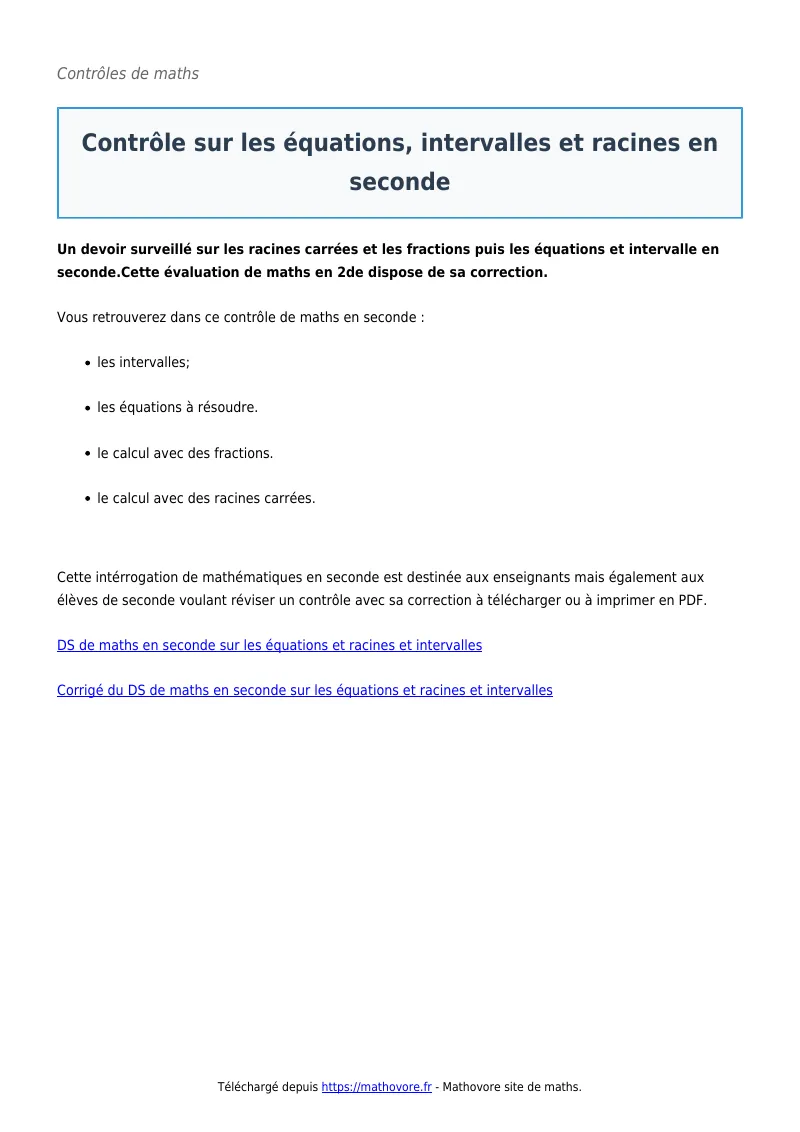 Contrôle de maths en seconde : Contrôle sur les équations, intervalles et racines corrigé en PDF