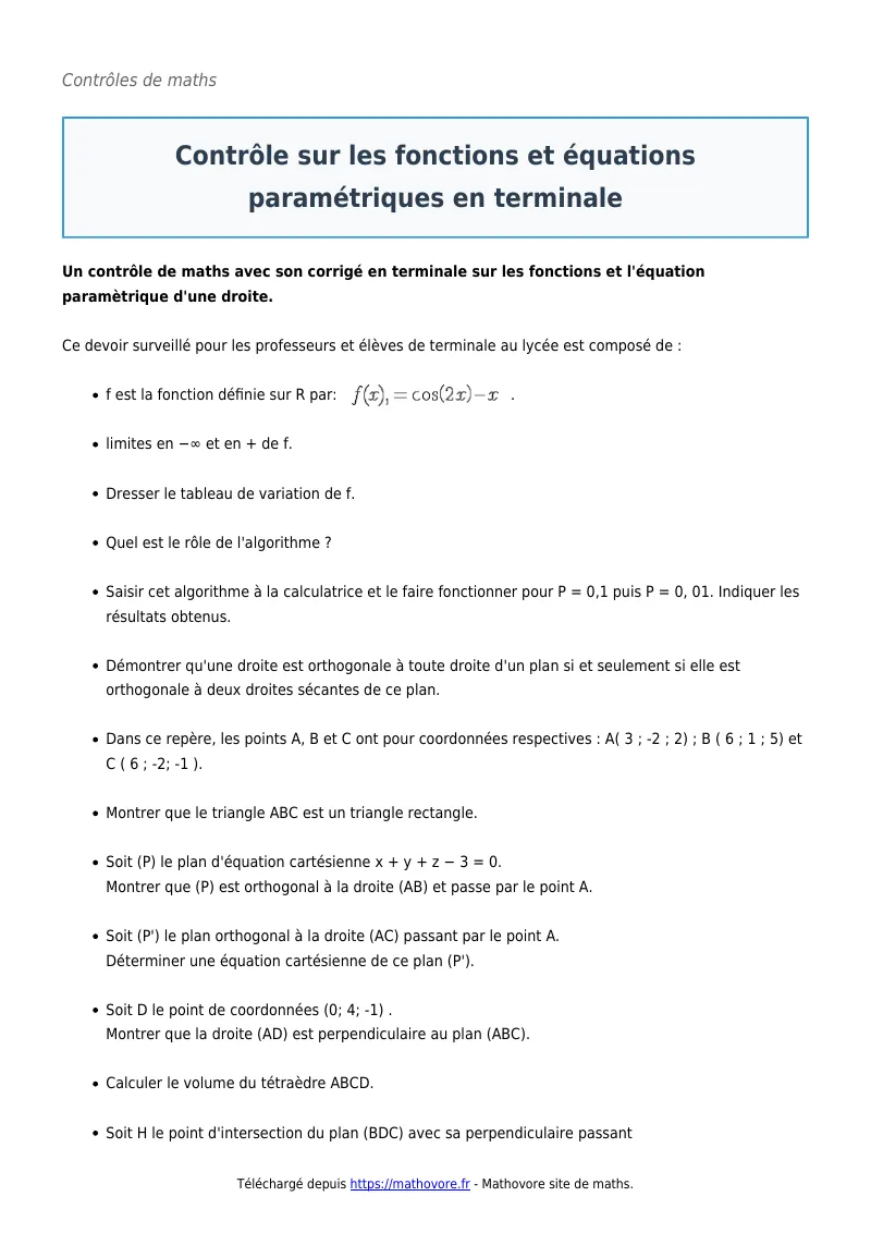 Contrôle de maths en terminale : Contrôle sur les fonctions et équations paramétriques corrigé en PDF