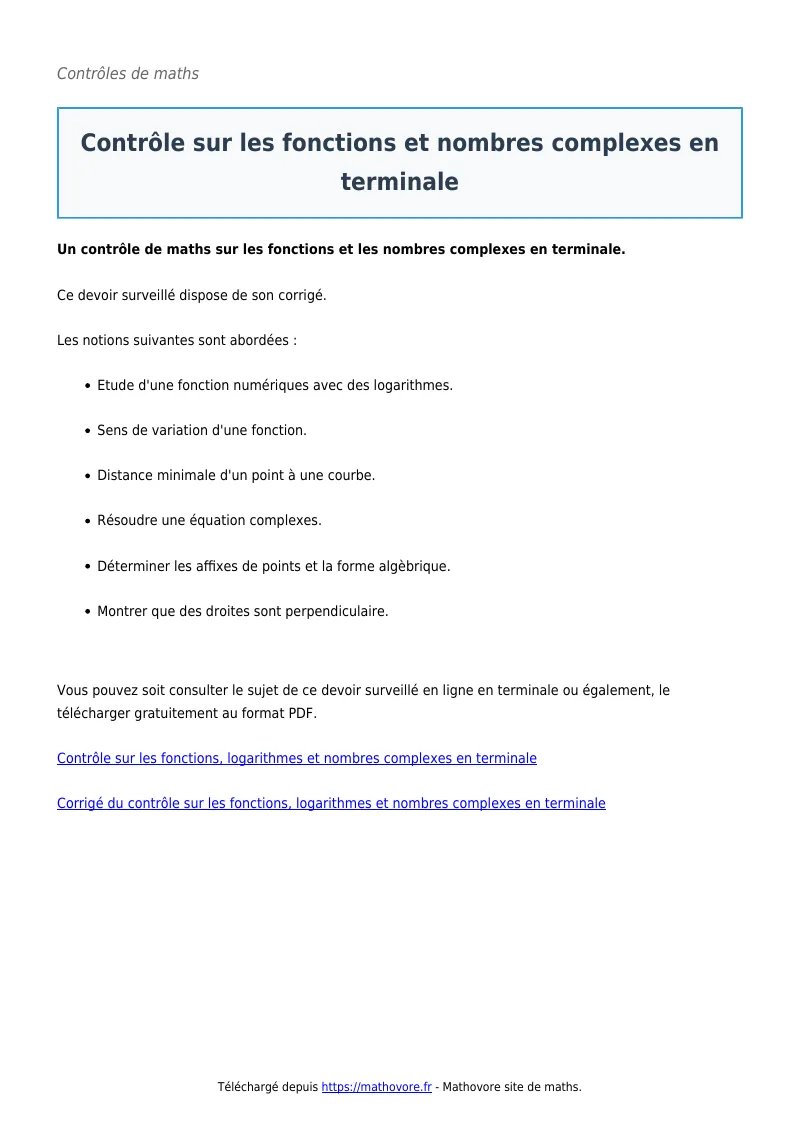 Contrôle de maths en terminale : Contrôle sur les fonctions et nombres complexes corrigé en PDF