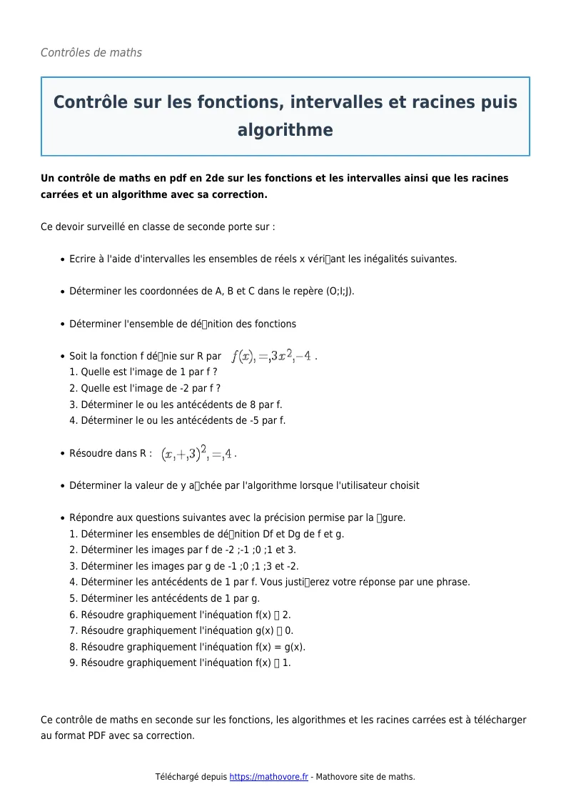 Contrôle de maths : Contrôle sur les fonctions, intervalles et racines puis algorithme corrigé en PDF