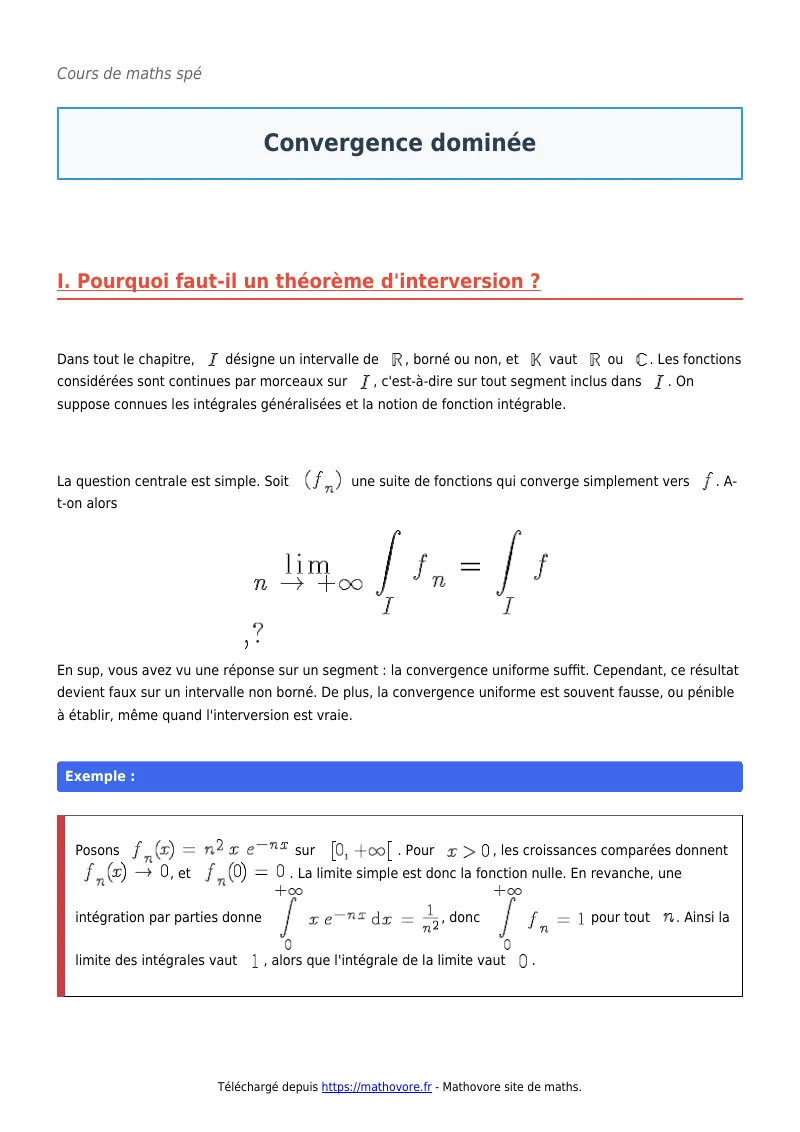 Cours de maths en maths spé : Convergence dominée à télécharger en PDF