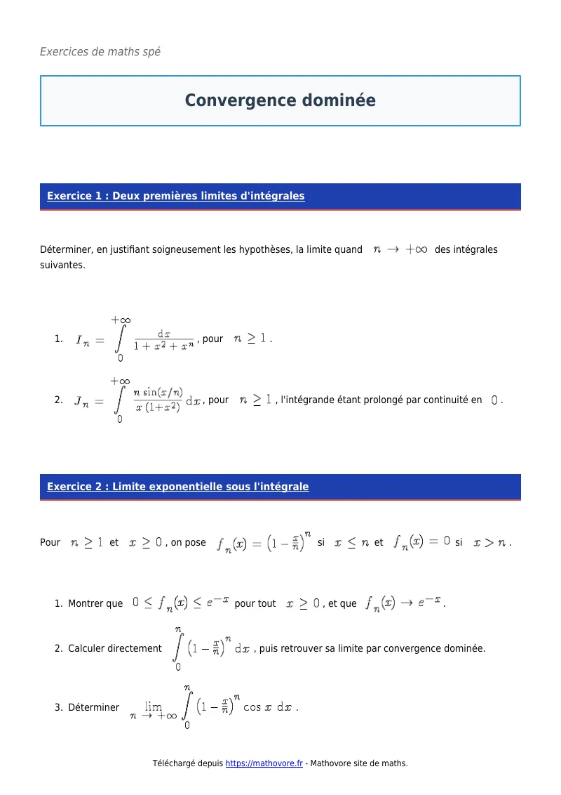 Exercices corrigés de maths en maths spé : Convergence dominée à imprimer en PDF