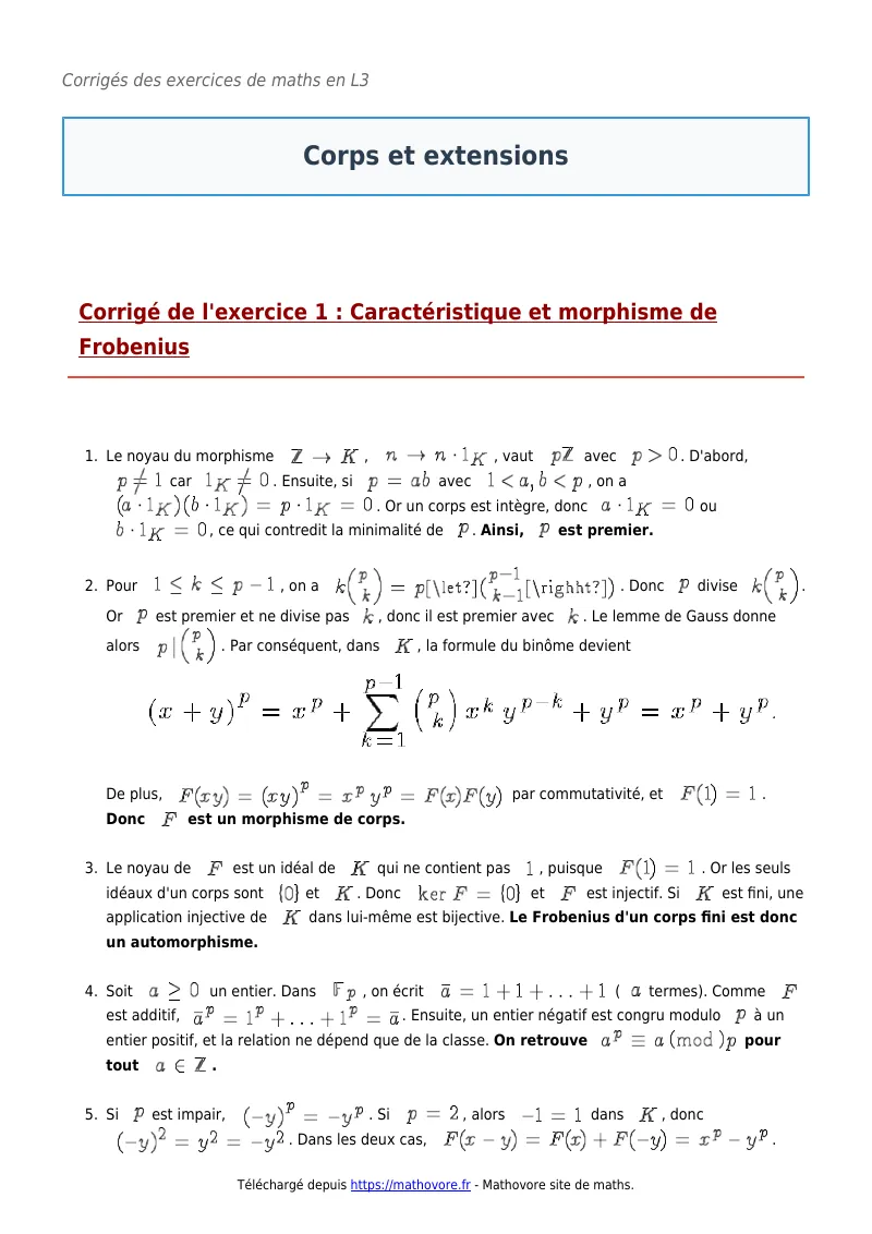 Exercices corrigés de maths en L3 : Corps et extensions à imprimer en PDF