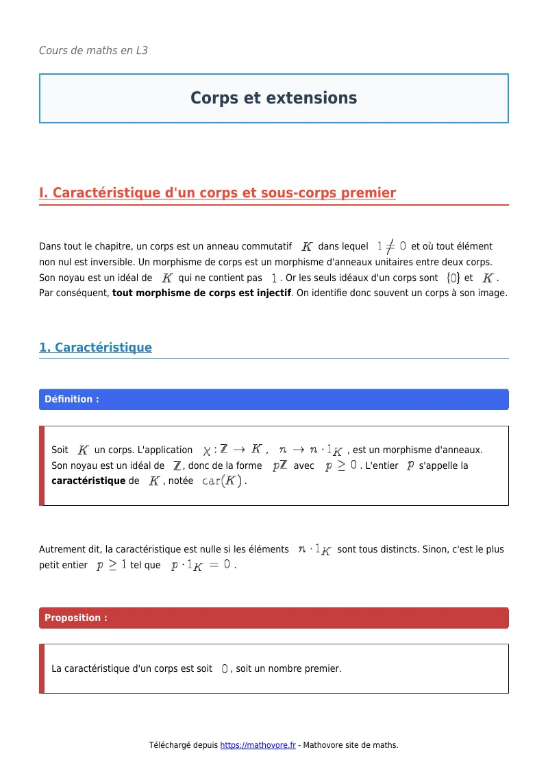 Cours de maths en L3 : Corps et extensions à télécharger en PDF