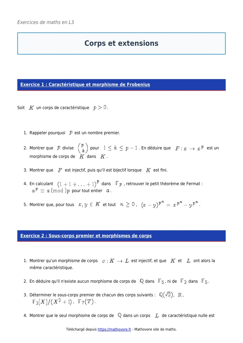 Exercices corrigés de maths en L3 : Corps et extensions à imprimer en PDF