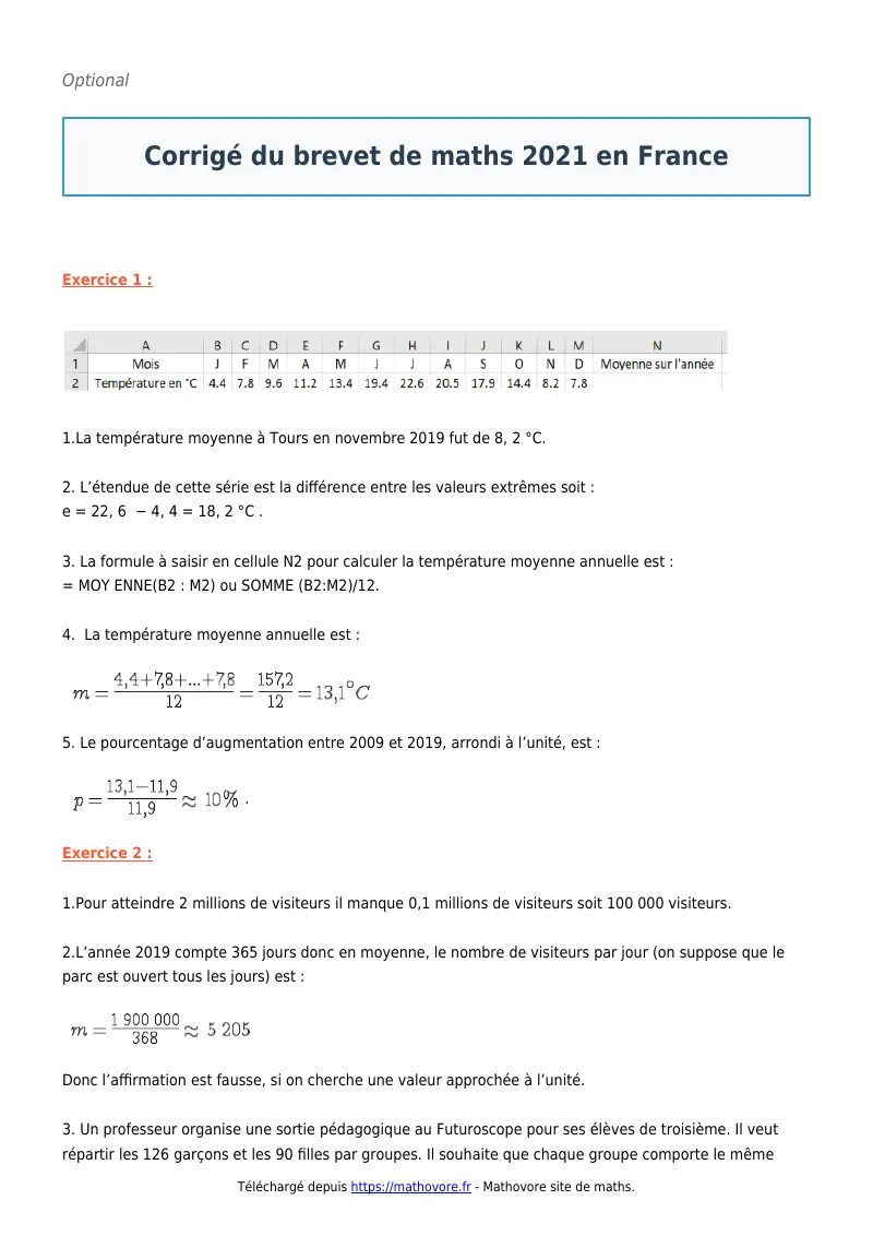 Brevet de maths : ? du brevet 2021 en France à télécharger corrigé en PDF